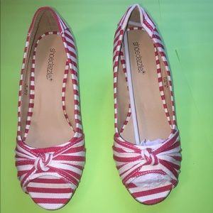 Peep toes striped wedges by Shoe Dazzle